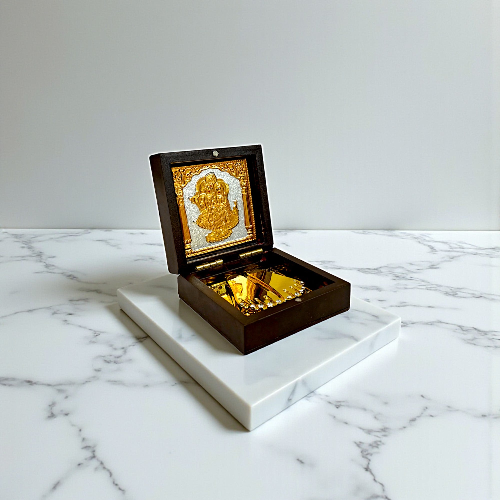 Gold-Silver Plated Radha Krishna Ji Charan Paduka Prayer Box