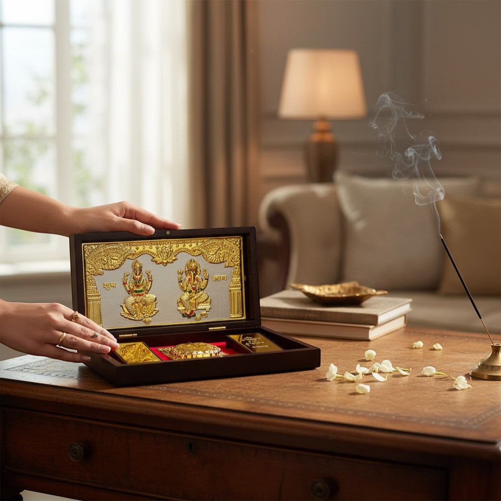 Gold and Silver Plated Shri Laxmi ji & Lord Ganesha Pooja Gift Set with Premium Box