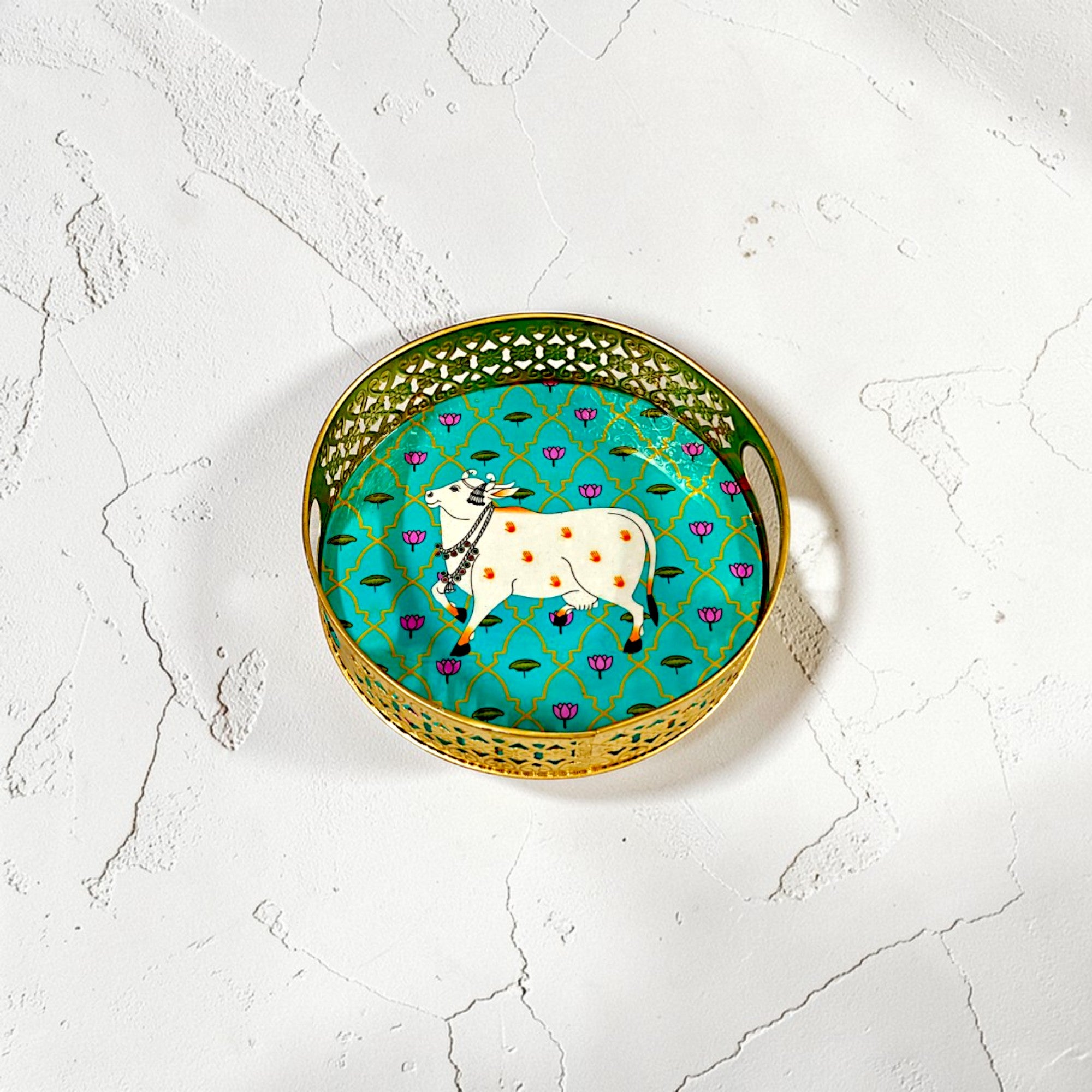 Pichwai Print Iron Serving Tray with Handles