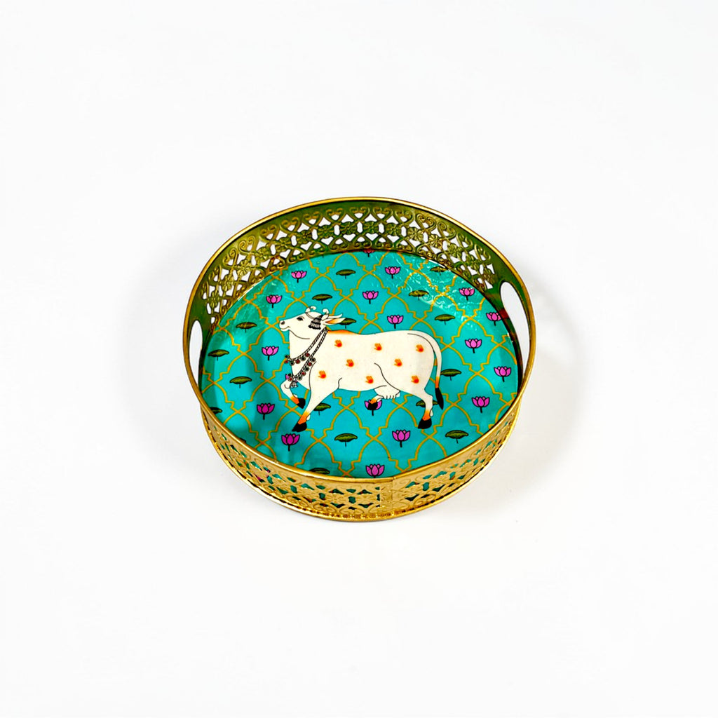 Pichwai Print Iron Serving Tray with Handles