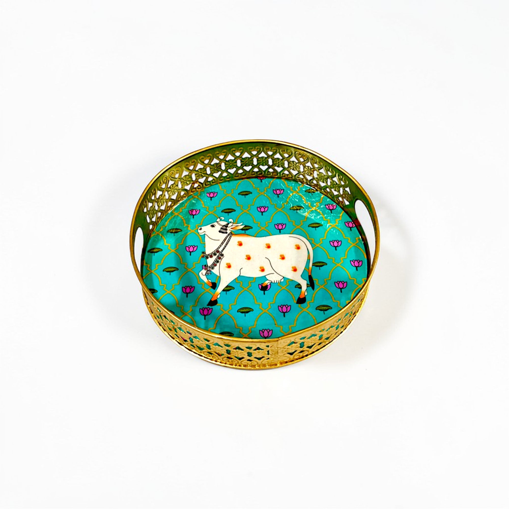 Pichwai Print Iron Serving Tray with Handles