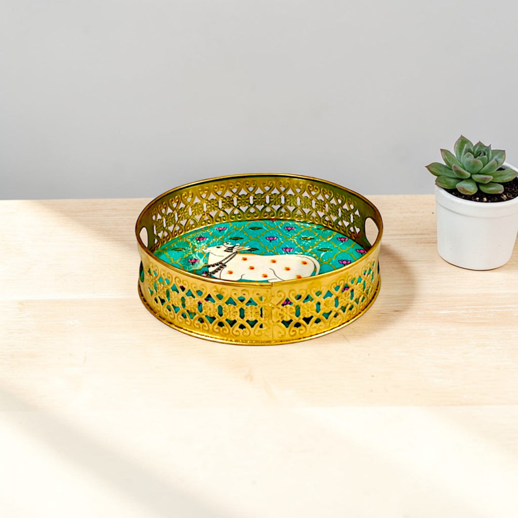 Pichwai Print Iron Serving Tray with Handles