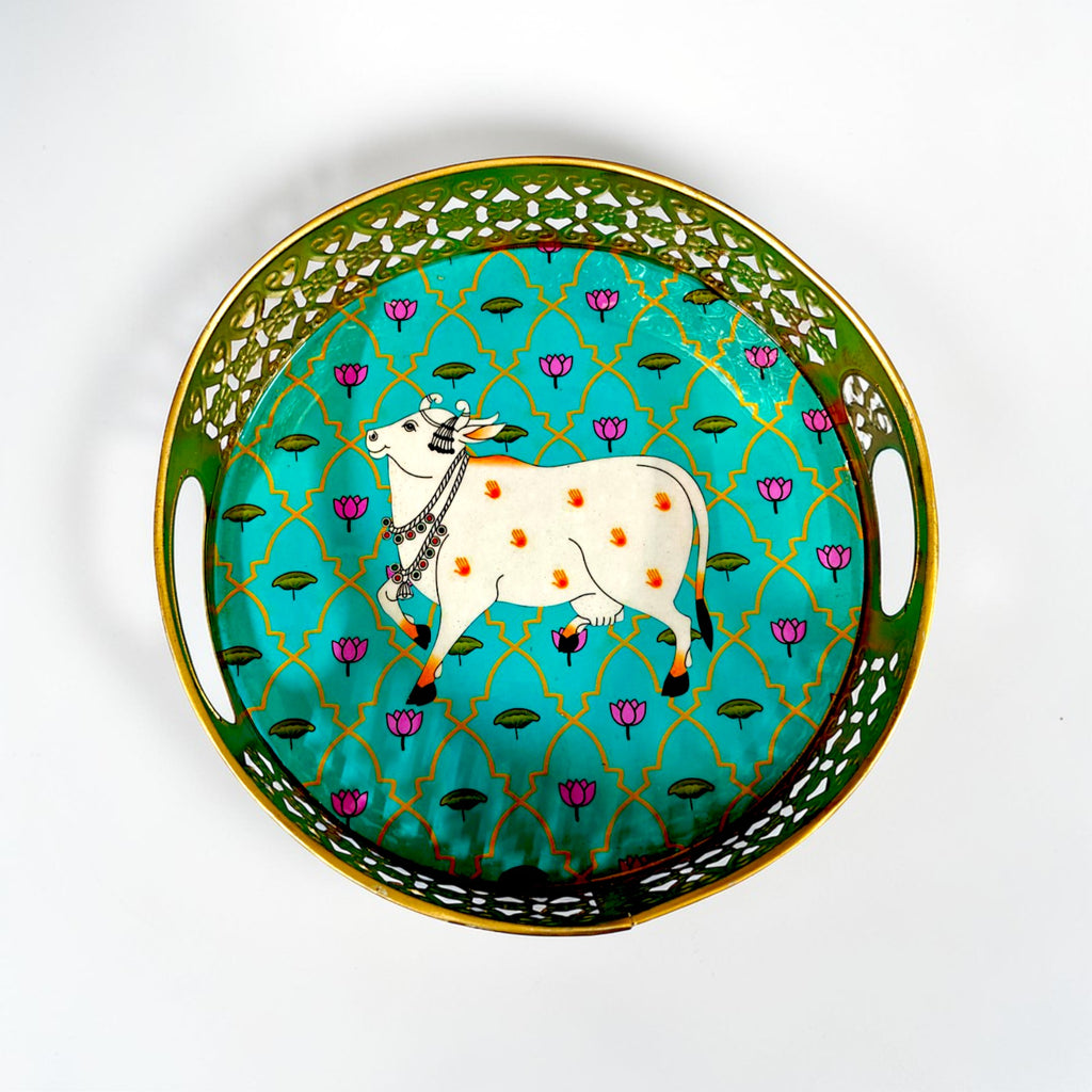 Pichwai Print Iron Serving Tray with Handles