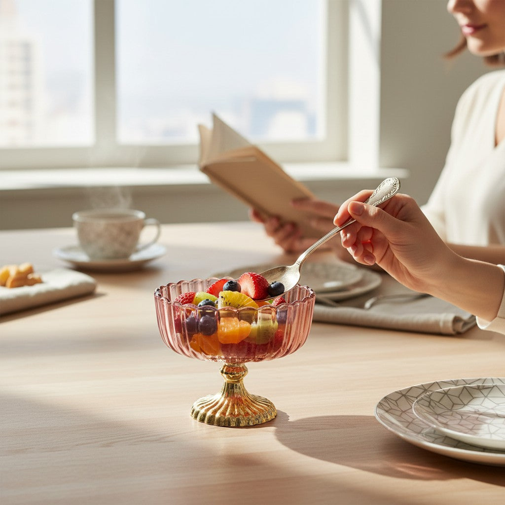 Decorative Fruit & Dessert Serving Red Glass Bowl with Gold Base