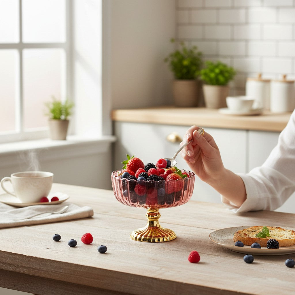 Decorative Fruit & Dessert Serving Red Glass Bowl with Gold Base