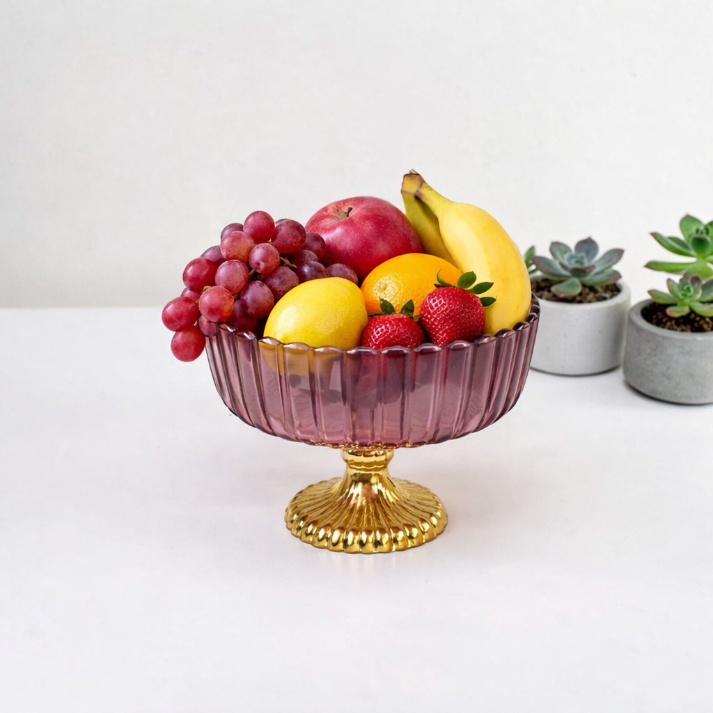 Decorative Fruit & Dessert Serving Red Glass Bowl with Gold Base