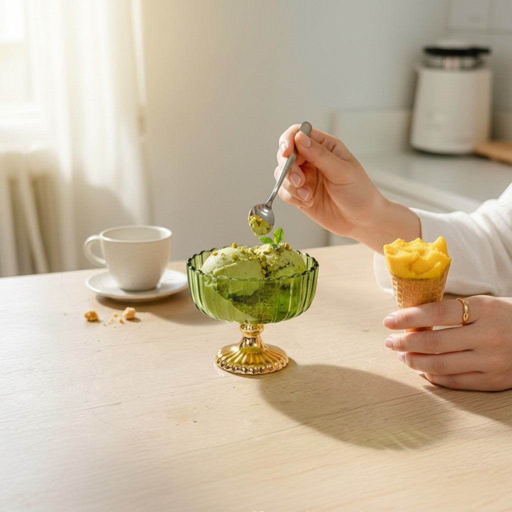 Decorative Fruit & Dessert Serving Green Glass Bowl with Gold Base