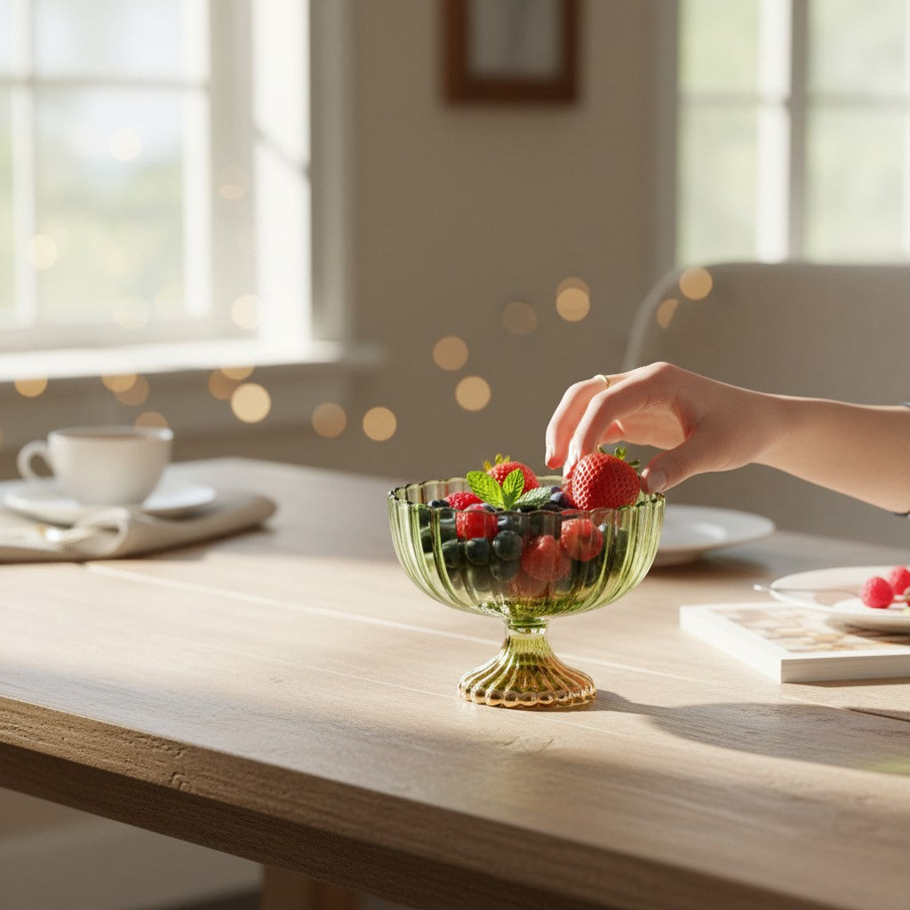 Decorative Fruit & Dessert Serving Green Glass Bowl with Gold Base