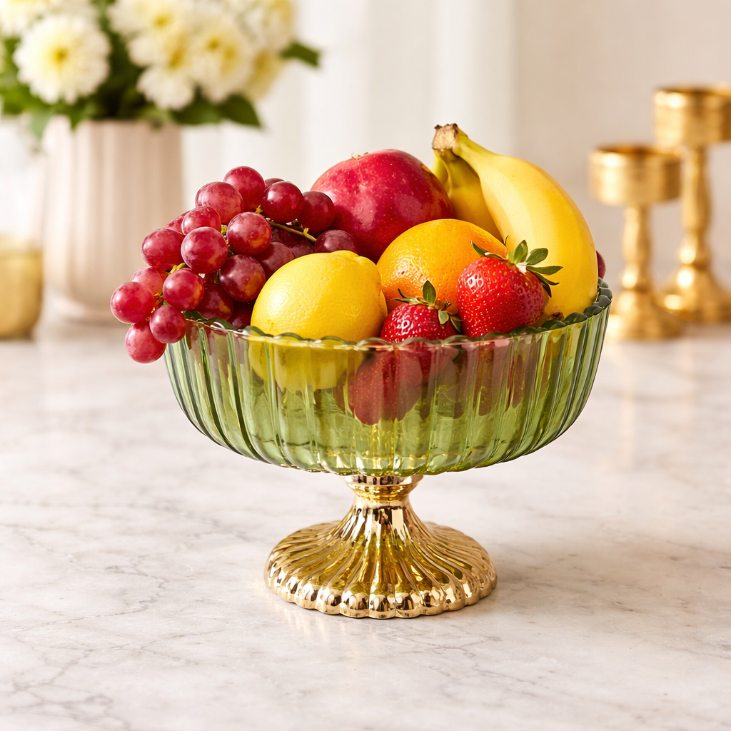 Decorative Fruit & Dessert Serving Green Glass Bowl with Gold Base