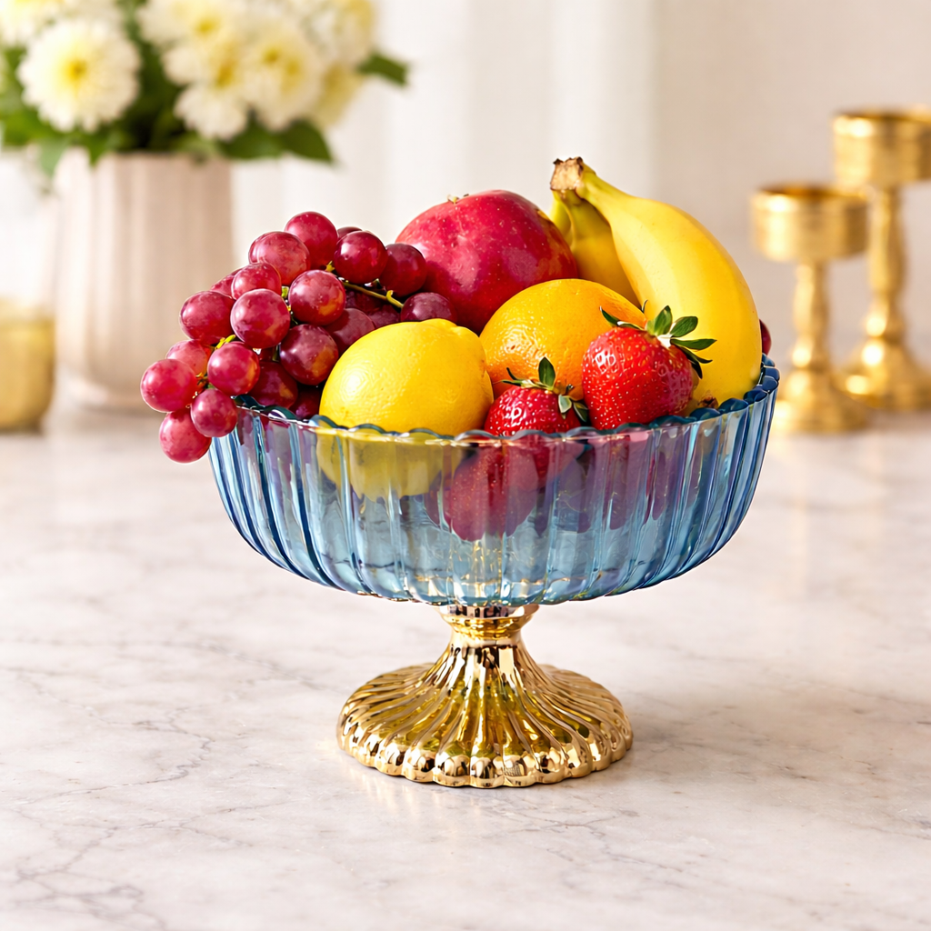 Decorative Fruit & Dessert Serving Blue Glass Bowl with Gold Base