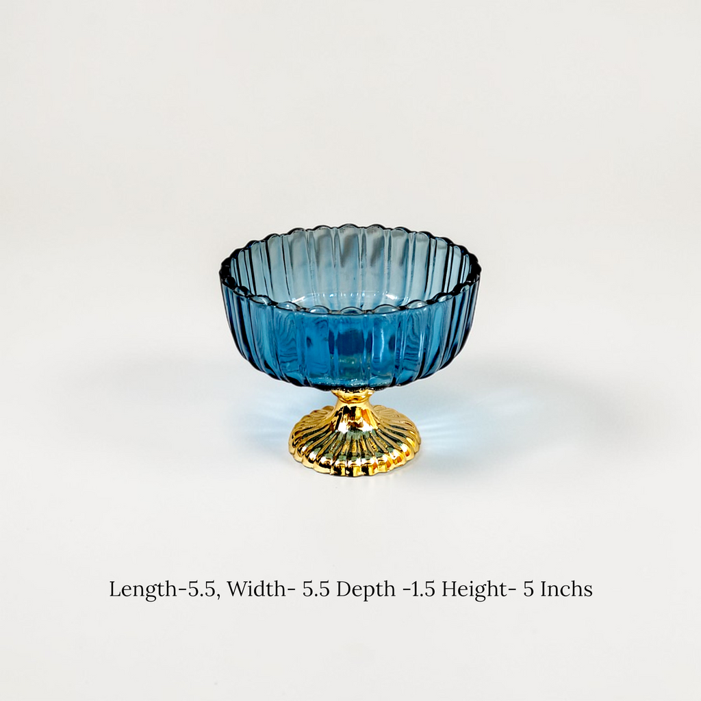Decorative Fruit & Dessert Serving Blue Glass Bowl with Gold Base