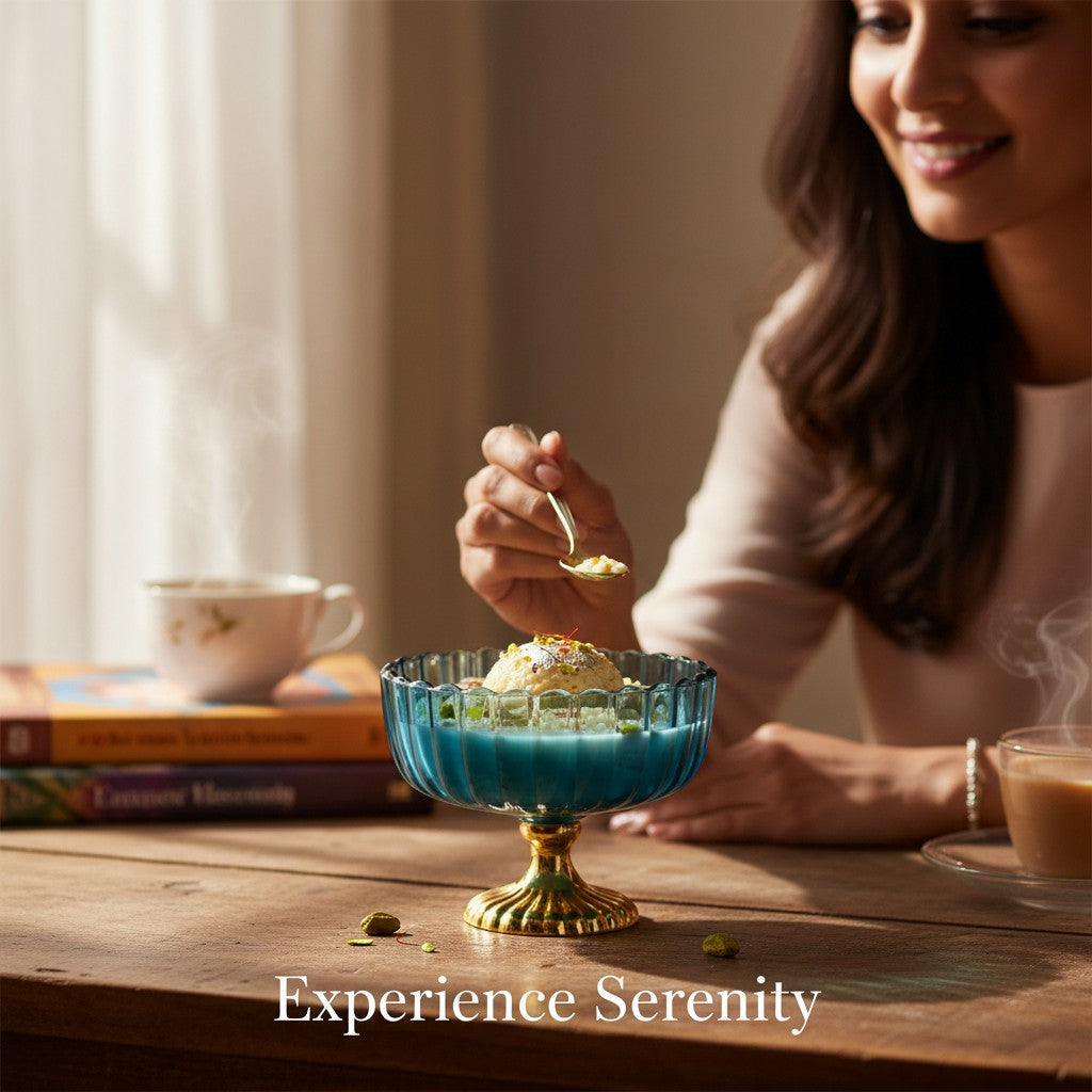 Decorative Fruit & Dessert Serving Blue Glass Bowl with Gold Base