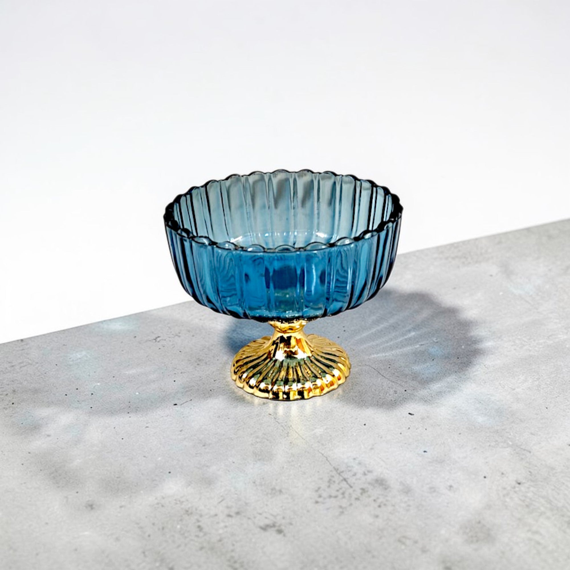 Decorative Fruit & Dessert Serving Blue Glass Bowl with Gold Base