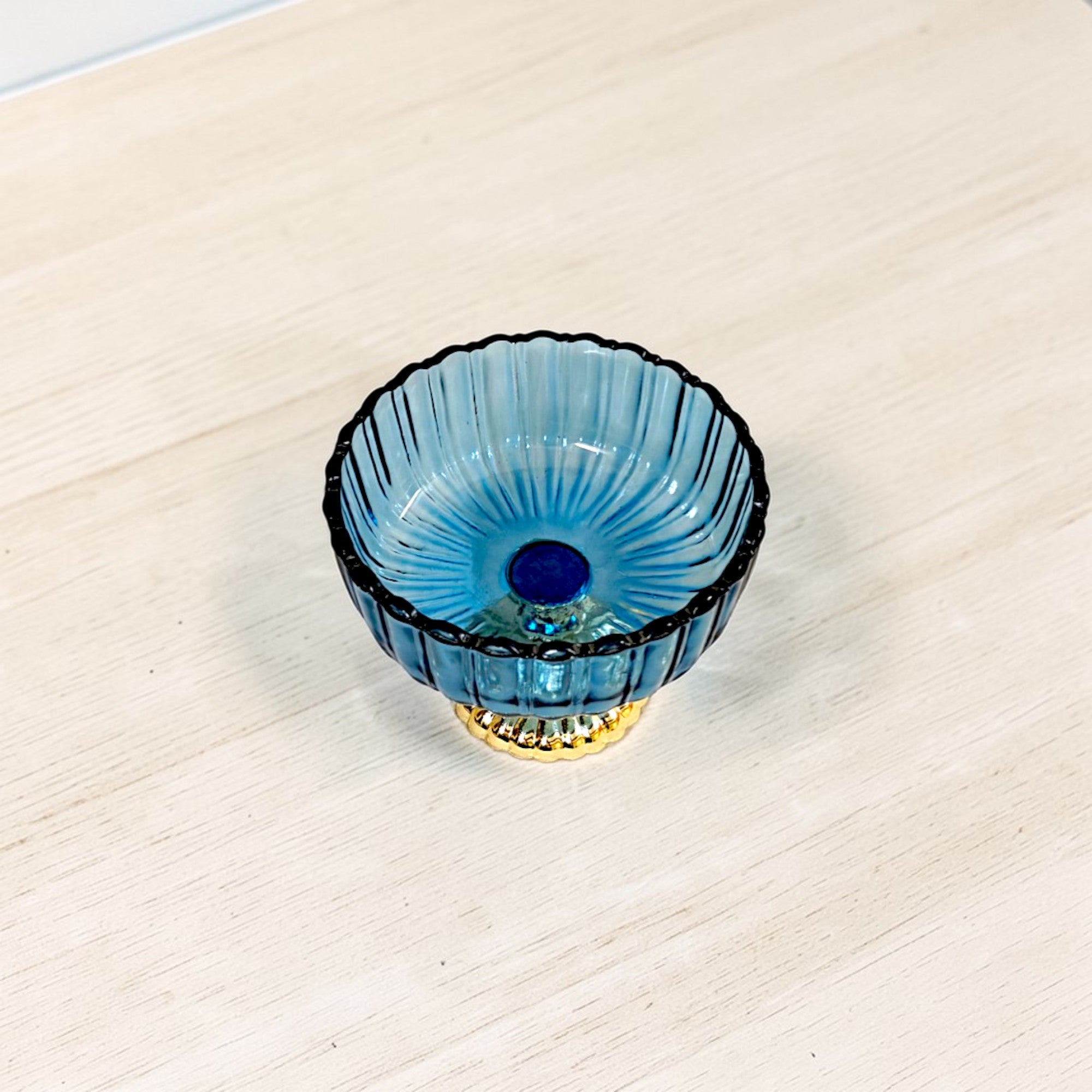 Decorative Fruit & Dessert Serving Blue Glass Bowl with Gold Base