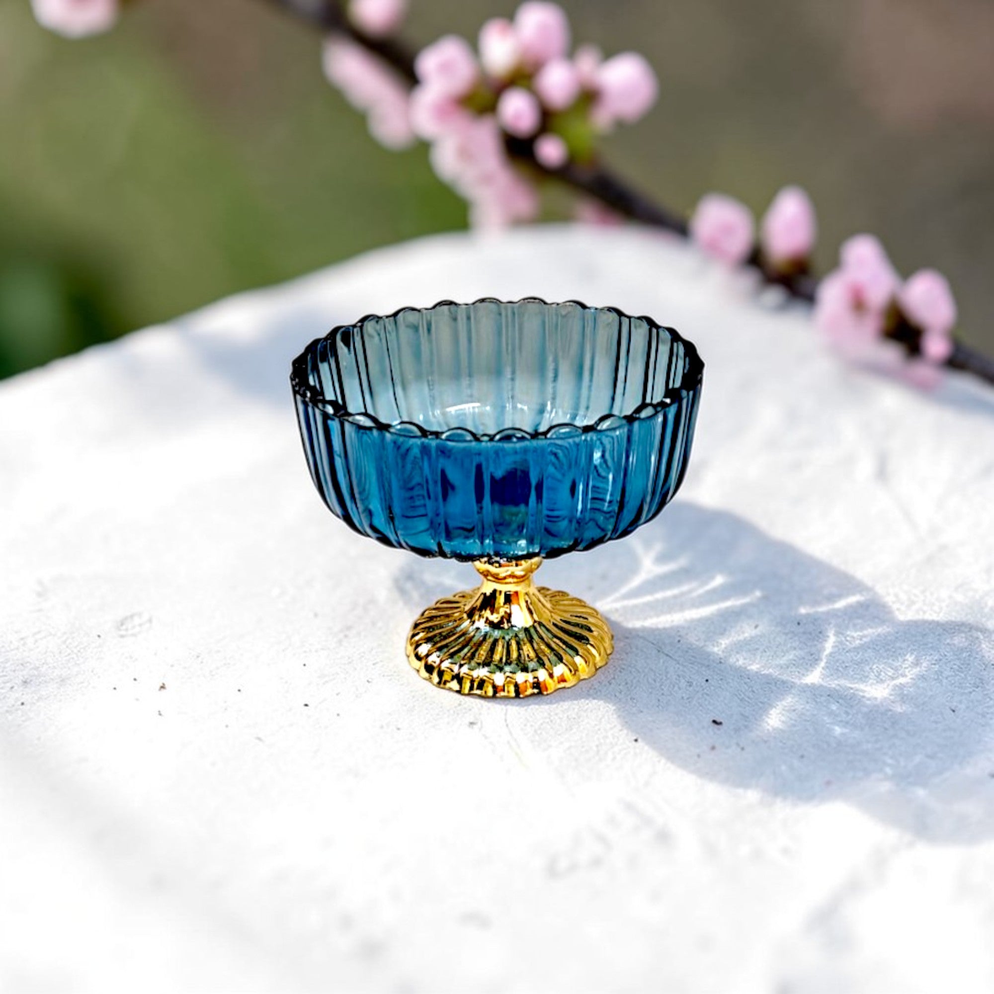 Decorative Fruit & Dessert Serving Blue Glass Bowl with Gold Base