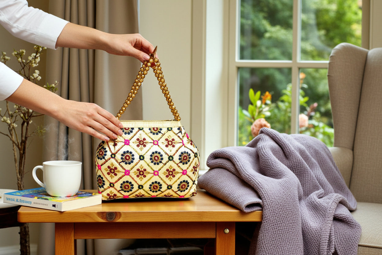 Embroidered Ethnic Potli Handbag for Women – Festive Clutch with Beaded Handle