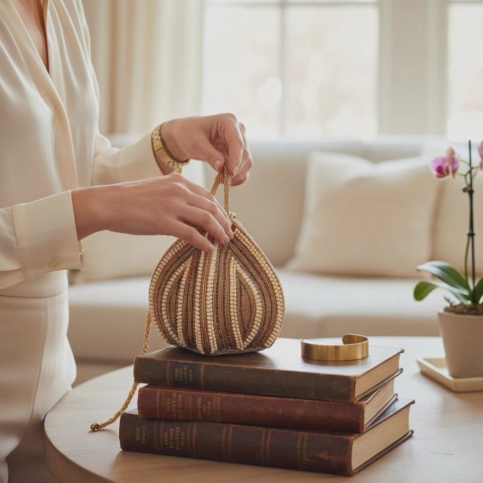 Designer Gold Beaded Potli Bridal Clutch